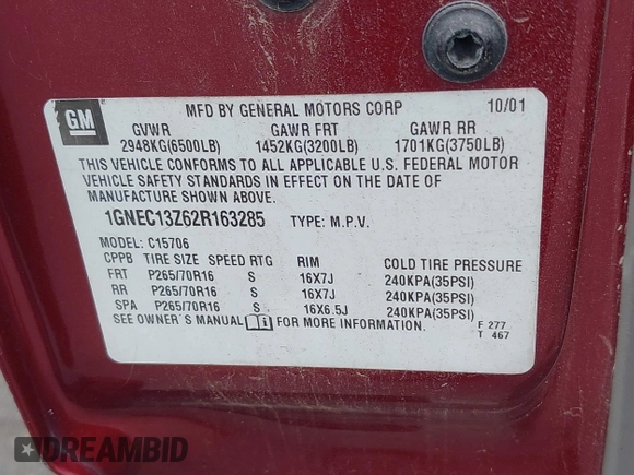 2002 Chevrolet Tahoe LT z VIN 1GNEC13Z62R163285, wystawiony jako IAAI lot #42137746 z przebiegiem 185 129 mil mil oraz . Historia ofert i sprzedaży dostępna na DreamBid. Obrazek 9.