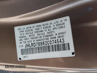 2002 Honda CR-V EX with VIN JHLRD78862C074543, listed as a IAAI auction lot 42259197 with 314,950 mi miles and . Bid and sale history available at DreamBid. Image 9.