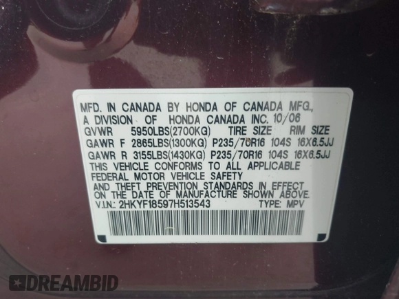 2007 Honda Pilot EX-L with VIN 2HKYF18597H513543, listed as a IAAI auction lot 42509483 with 201,778 mi miles and . Bid and sale history available at DreamBid. Image 9.