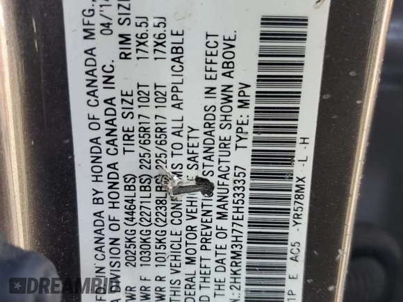 2014 Honda CR-V EX-L with VIN 2HKRM3H77EH533357, listed as a Copart auction lot 46205475 with 95,018 mi miles and Salvage Title. Bid and sale history available at carsss.com. Image 13.