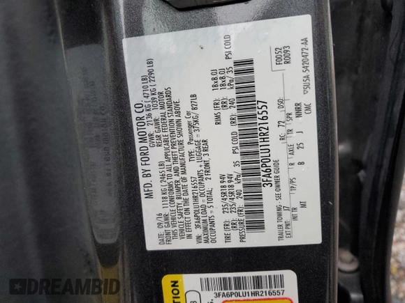 2017 Ford Fusion Hybrid SE with VIN 3FA6P0LU1HR216557, listed as a Copart auction lot 61540425 with 172,438 mi miles and Clean title. Bid and sale history available at DreamBid. Image 12.
