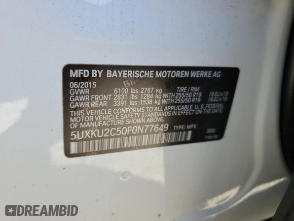 2015 BMW X6 xDrive35i with VIN 5UXKU2C50F0N77649, listed as a Copart auction lot 88955345 with 0 mi miles and Clean Title. Bid and sale history available at carsss.com. Image 14.
