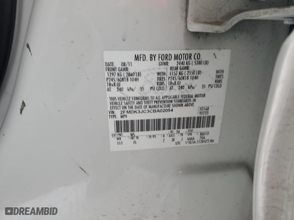 2012 Ford Edge SEL with VIN 2FMDK3JC3CBA02054, listed as a Copart auction lot 54470805 with 0 mi miles and Non Repairable. Bid and sale history available at carsss.com. Image 13.