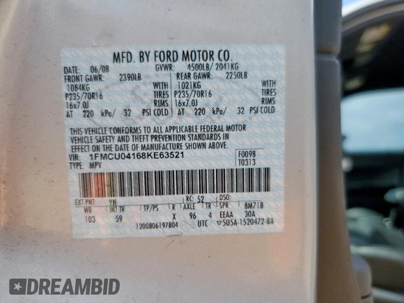 2008 Ford Escape Limited with VIN 1FMCU04168KE63521, listed as a Copart auction lot 60372185 with 98,358 mi miles and Salvage title. Bid and sale history available at DreamBid. Image 13.