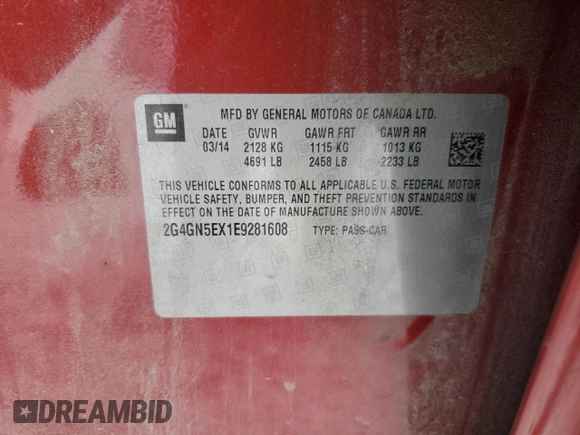 2014 Buick Regal Premium I with VIN 2G4GN5EX1E9281608, listed as a Copart auction lot 62113175 with 143,392 mi miles and Salvage title. Bid and sale history available at DreamBid. Image 12.