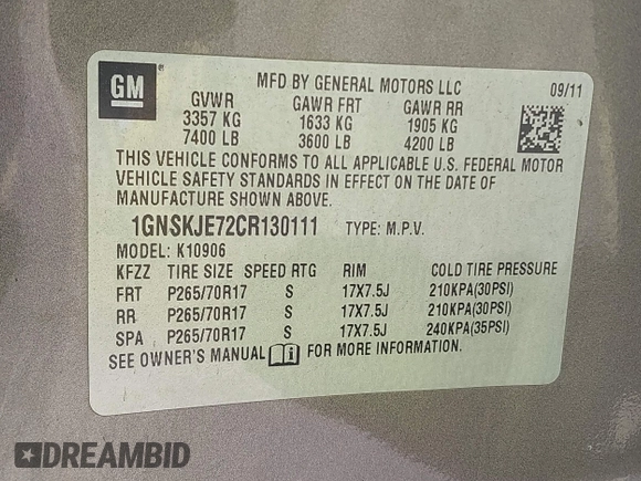 2012 Chevrolet Suburban LT with VIN 1GNSKJE72CR130111, listed as a IAAI auction lot 42699365 with 216,827 mi miles and . Bid and sale history available at DreamBid. Image 9.