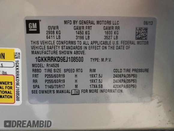 2014 GMC Acadia SLT with VIN 1GKKRRKD9EJ108500, listed as a Copart auction lot 43567395 with 134,442 mi miles and Salvage Title. Bid and sale history available at carsss.com. Image 15.