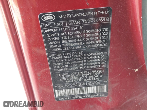 2008 Land Rover Range Rover Sport HSE with VIN SALSK25468A145794, listed as a IAAI auction lot 42211204 with 172,241 mi miles and . Bid and sale history available at DreamBid. Image 9.