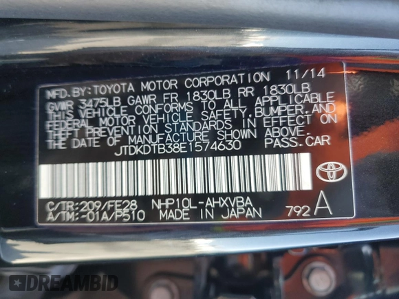 2014 Toyota Prius One with VIN JTDKDTB38E1574630, listed as a Copart auction lot 51945065 with 92,827 mi miles and Salvage Title. Bid and sale history available at DreamBid. Image 12.