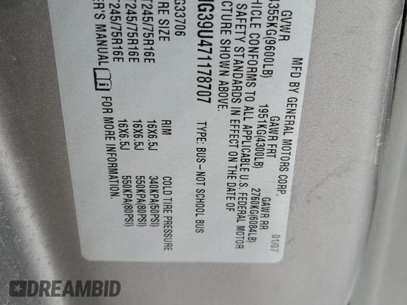 2007 Chevrolet Express Passenger z VIN 1GAHG39U471178707, wystawiony jako Copart lot #86510224 z przebiegiem Nie podano mil oraz Szkoda całkowita • Salvage title. Historia ofert i sprzedaży dostępna na DreamBid. Obrazek 14.