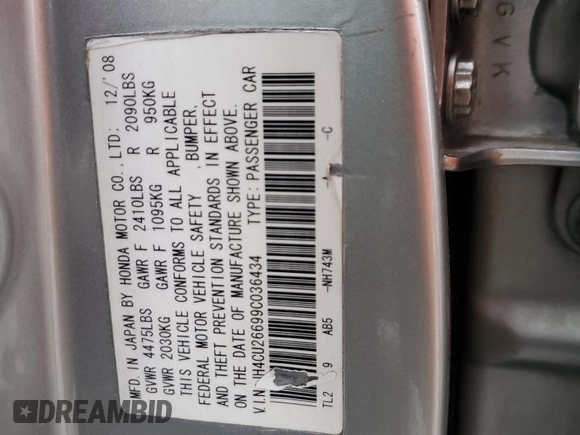 2009 Acura TSX z VIN JH4CU26699C036434, wystawiony jako Copart lot #56143595 z przebiegiem 153 425 mil mil oraz Szkoda całkowita • Salvage title. Historia ofert i sprzedaży dostępna na DreamBid. Obrazek 12.