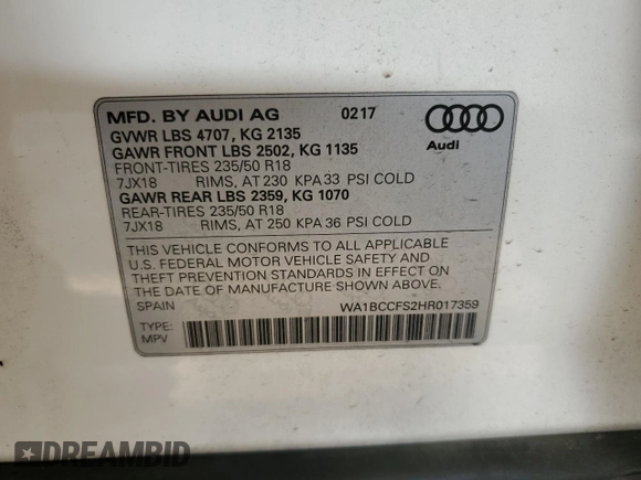 2017 Audi Q3 Premium z VIN WA1BCCFS2HR017359, wystawiony jako Copart lot #54549725 z przebiegiem 128 203 mil mil oraz Szkoda całkowita • Salvage title. Historia ofert i sprzedaży dostępna na DreamBid. Obrazek 14.