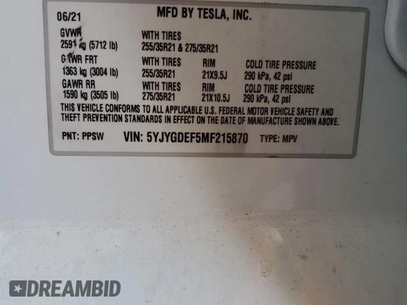 2021 Tesla Model Y Performance z VIN 5YJYGDEF5MF215870, wystawiony jako Copart lot #52531015 z przebiegiem 21 904 mil mil oraz Szkoda całkowita • Salvage title. Historia ofert i sprzedaży dostępna na DreamBid. Obrazek 12.