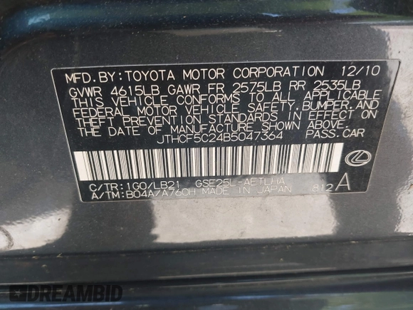 2011 Lexus IS 250 with VIN JTHCF5C24B5047364, listed as a IAAI auction lot 42047798 with 248,628 mi miles and . Bid and sale history available at DreamBid. Image 9.