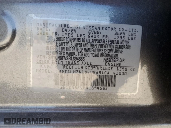 2024 Nissan Versa SR z VIN 3N1CN8FV2RL894585, wystawiony jako Copart lot #54361375 z przebiegiem 1 138 mil mil oraz Szkoda całkowita • Salvage title. Historia ofert i sprzedaży dostępna na DreamBid. Obrazek 13.