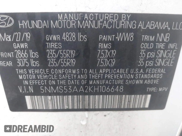 2019 Hyundai Santa Fe Ultimate with VIN 5NMS53AA2KH106648, listed as a IAAI auction lot 41179630 with 108,240 mi miles. Bid and sale history available at carsss.com. Image 9.