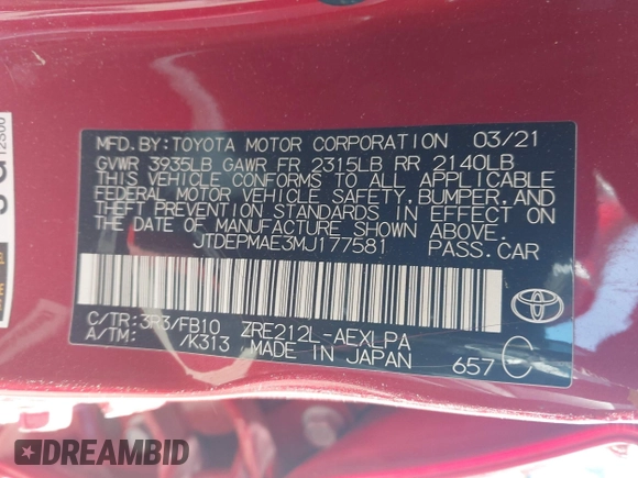 2021 Toyota Corolla LE with VIN JTDEPMAE3MJ177581, listed as a IAAI auction lot 42045647 with 50,653 mi miles and . Bid and sale history available at DreamBid. Image 9.