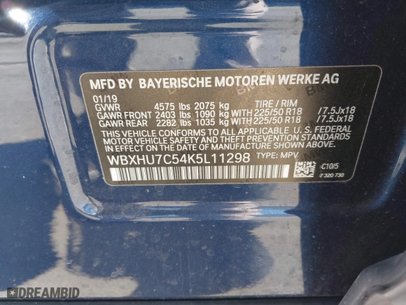 2019 BMW X1 sDrive28i with VIN WBXHU7C54K5L11298, listed as a IAAI auction lot 41662155 with 36,753 mi miles. Bid and sale history available at carsss.com. Image 9.