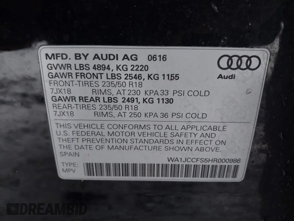 2017 Audi Q3 Premium Plus z VIN WA1JCCFS5HR000986, wystawiony jako IAAI lot #41471543 z przebiegiem 68 087 mil mil oraz . Historia ofert i sprzedaży dostępna na DreamBid. Obrazek 9.