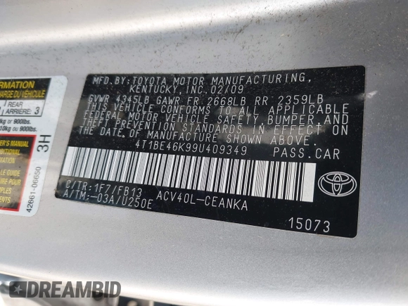 2009 Toyota Camry with VIN 4T1BE46K99U409349, listed as a IAAI auction lot 41958162 with 77,975 mi miles. Bid and sale history available at carsss.com. Image 9.