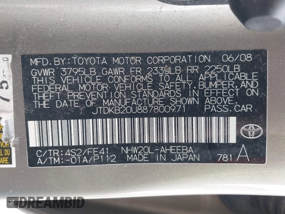 2008 Toyota Prius with VIN JTDKB20U887800971, listed as a IAAI auction lot 42218696 with 274,148 mi miles and . Bid and sale history available at DreamBid. Image 9.
