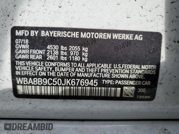 2018 BMW 3 Series 330i with VIN WBA8B9C50JK676945, listed as a Copart auction lot 89179095 with 82,314 mi miles and Salvage title. Bid and sale history available at DreamBid. Image 12.