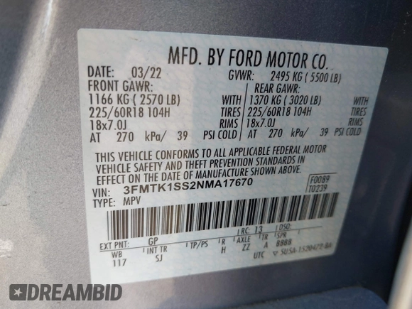 2022 Ford Mustang Mach-E Select with VIN 3FMTK1SS2NMA17670, listed as a IAAI auction lot 42095024 with 31,936 mi miles and . Bid and sale history available at DreamBid. Image 9.