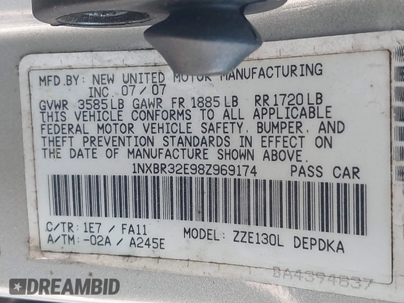 2008 Toyota Corolla CE with VIN 1NXBR32E98Z969174, listed as a IAAI auction lot 42004529 with 60,547 mi miles and . Bid and sale history available at DreamBid. Image 9.