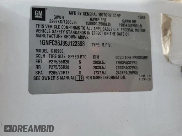 2009 Chevrolet Suburban LTZ with VIN 1GNFC36J89J123398, listed as a Copart auction lot 57942495 with 165,329 mi miles and Salvage title. Bid and sale history available at DreamBid. Image 14.