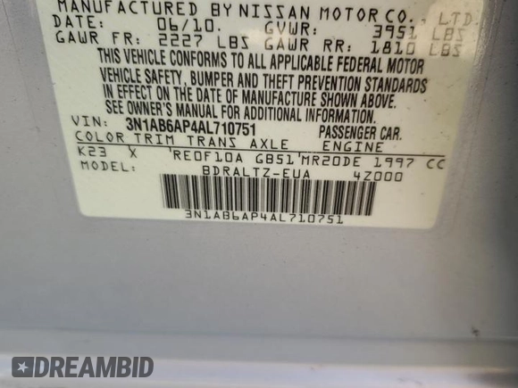2010 Nissan Sentra SR with VIN 3N1AB6AP4AL710751, listed as a Copart auction lot 48409135 with 194,412 mi miles and Salvage Title. Bid and sale history available at DreamBid. Image 12.