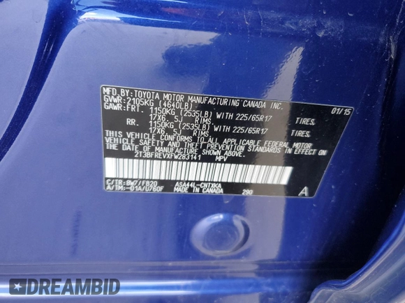 2015 Toyota RAV4 LE with VIN 2T3BFREVXFW283141, listed as a Copart auction lot 52705705 with 124,004 mi miles and Clean Title. Bid and sale history available at DreamBid. Image 12.