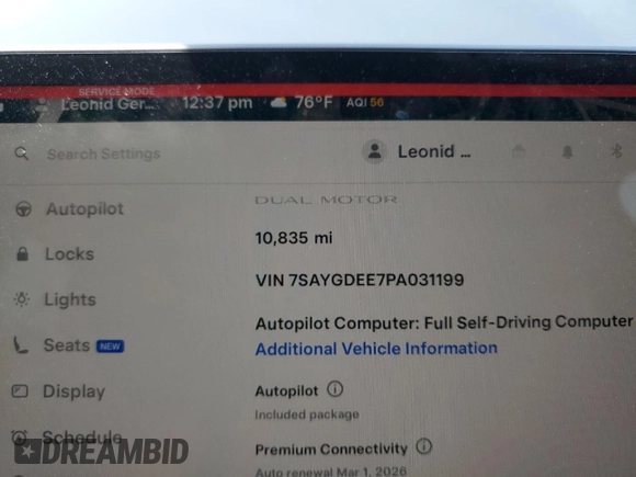 2023 Tesla Model Y Long Range with VIN 7SAYGDEE7PA031199, listed as a Copart auction lot 53876105 with 10,835 mi miles and Salvage Title. Bid and sale history available at DreamBid. Image 9.