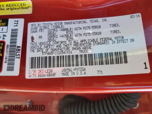2016 Toyota Tundra 4WD Truck Platinum with VIN 5TFAW5F11GX541916, listed as a Copart auction lot 72920683 with 146,488 mi miles. Bid and sale history available at carsss.com. Image 14.