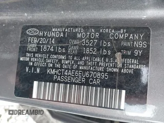 2014 Hyundai Accent GLS with VIN KMHCT4AE6EU670895, listed as a IAAI auction lot 42197066 with 142,983 mi miles and . Bid and sale history available at carsss.com. Image 9.