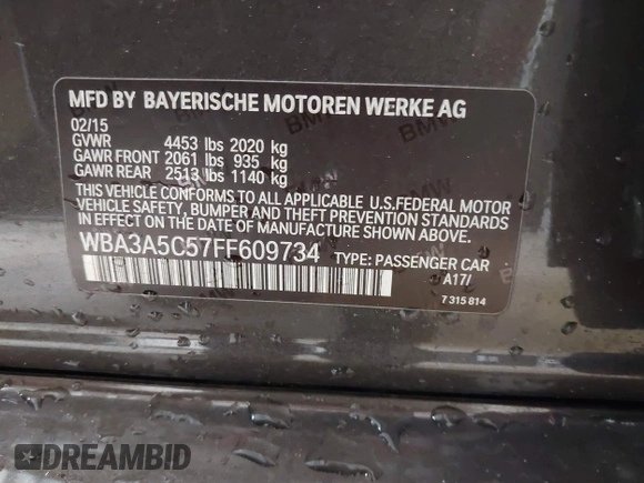 2015 BMW 3 Series 328i with VIN WBA3A5C57FF609734, listed as a IAAI auction lot 41392336 with 121,378 mi miles. Bid and sale history available at carsss.com. Image 9.