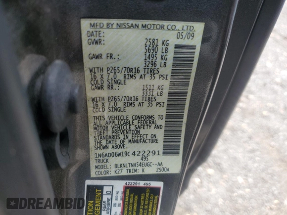 2009 Nissan Frontier SE z VIN 1N6AD06W19C422291, wystawiony jako Copart lot #54844505 z przebiegiem 177 731 mil mil oraz Czysty tytuł • Clean title. Historia ofert i sprzedaży dostępna na DreamBid. Obrazek 12.