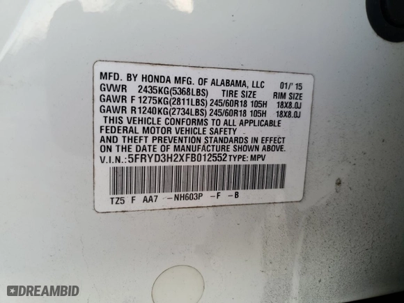2015 Acura MDX with VIN 5FRYD3H2XFB012552, listed as a Copart auction lot 85082624 with 128,526 mi miles and Salvage Title. Bid and sale history available at carsss.com. Image 15.