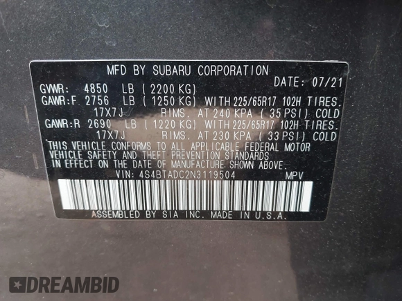 2022 Subaru Outback Premium с VIN 4S4BTADC2N3119504, выставлен на аукционе IAAI как лот 42584191 с пробегом 58 862 миль миль и . История ставок и продаж доступна на DreamBid. Изображение 9.