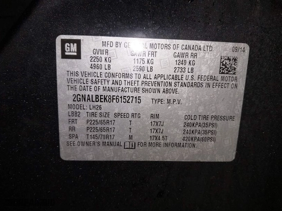 2015 Chevrolet Equinox LT with VIN 2GNALBEK8F6152715, listed as a IAAI auction lot 41952983 with 107,398 mi miles. Bid and sale history available at carsss.com. Image 9.