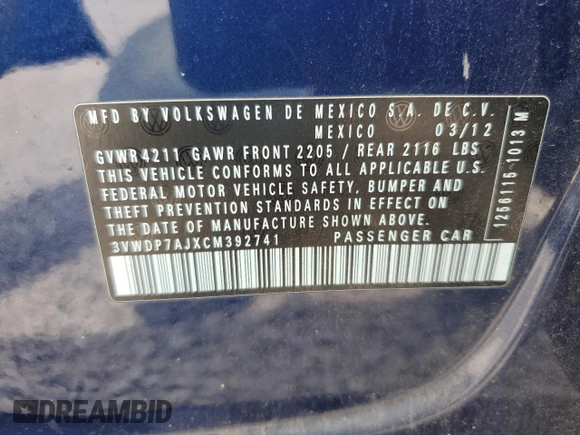 2012 Volkswagen Jetta SE with VIN 3VWDP7AJXCM392741, listed as a Copart auction lot 61436215 with 169,452 mi miles and Salvage title. Bid and sale history available at DreamBid. Image 12.