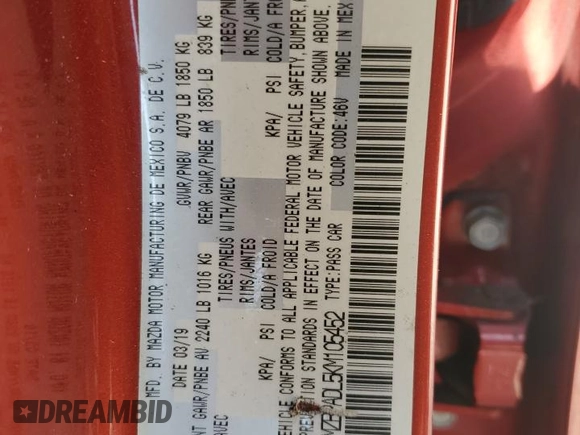 2019 Mazda 3 Preferred with VIN 3MZBPADL5KM105452, listed as a Copart auction lot 53556695 with Not Provided miles and Non Repairable. Bid and sale history available at DreamBid. Image 13.