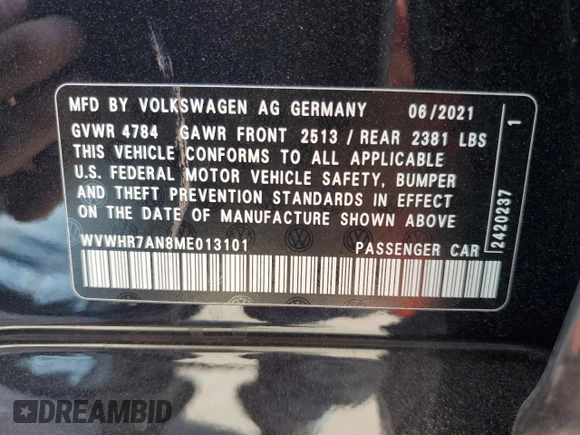 2021 Volkswagen Arteon SEL R-Line with VIN WVWHR7AN8ME013101, listed as a Copart auction lot 78168654 with 75,720 mi miles and Salvage title. Bid and sale history available at DreamBid. Image 12.
