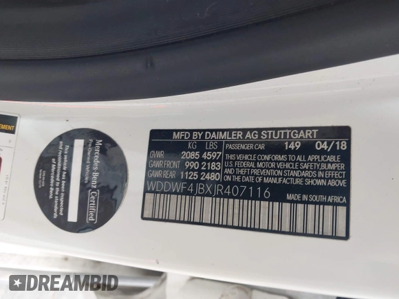 2018 Mercedes-Benz C 300 with VIN WDDWF4JBXJR407116, listed as a IAAI auction lot 42392862 with 66,182 mi miles and . Bid and sale history available at DreamBid. Image 9.