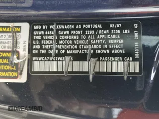 2007 Volkswagen Eos with VIN WVWCA71F07V037925, listed as a Copart auction lot 66184154 with Not Provided miles and Clean Title. Bid and sale history available at DreamBid. Image 12.