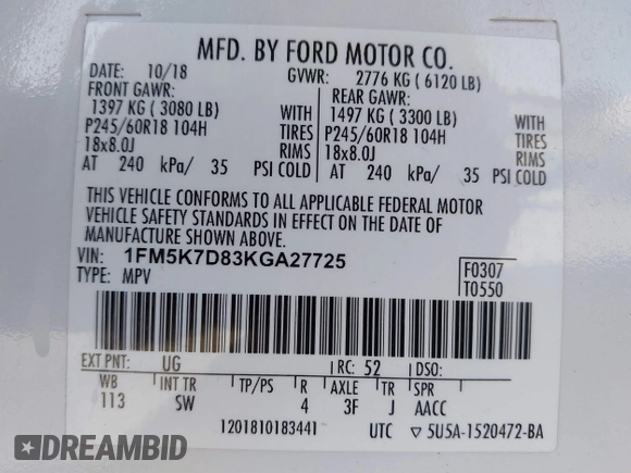 2019 Ford Explorer XLT with VIN 1FM5K7D83KGA27725, listed as a IAAI auction lot 40452438 with 76,913 mi miles and . Bid and sale history available at DreamBid. Image 9.