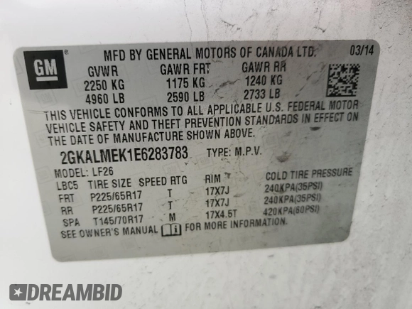 2014 GMC Terrain SLE with VIN 2GKALMEK1E6283783, listed as a Copart auction lot 49350465 with 218,178 mi miles and Clean Title. Bid and sale history available at DreamBid. Image 13.