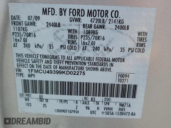 2009 Ford Escape Hybrid z VIN 1FMCU49399KD02275, wystawiony jako Copart lot #55536955 z przebiegiem 50 333 mil mil oraz Szkoda całkowita • Salvage title. Historia ofert i sprzedaży dostępna na DreamBid. Obrazek 13.