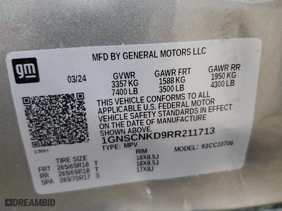 2024 Chevrolet Tahoe LT with VIN 1GNSCNKD9RR211713, listed as a Copart auction lot 86477244 with 16,883 mi miles and Clean Title. Bid and sale history available at carsss.com. Image 13.