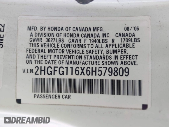 2006 Honda Civic Cpe LX with VIN 2HGFG116X6H579809, listed as a IAAI auction lot 41096293 with 1 mi miles. Bid and sale history available at carsss.com. Image 9.