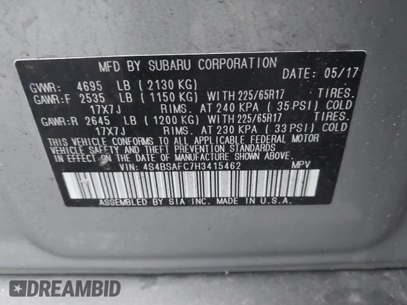 2017 Subaru Outback Premium z VIN 4S4BSAFC7H3415462, wystawiony jako IAAI lot #42687825 z przebiegiem 93 351 mil mil oraz . Historia ofert i sprzedaży dostępna na DreamBid. Obrazek 9.
